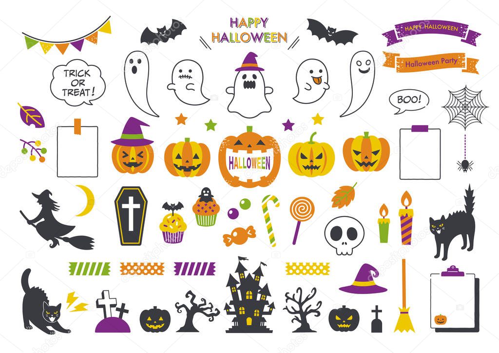 Set of Halloween illustrations and balloon materials