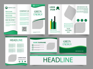 Yeşil enerji, üç katlı broşür. Yazı tipi ve el ilanı tasarımlı üç katlı yeşil broşür. Katlanmış broşürler, yıllık rapor, kartvizit koleksiyonu. Baskı için, A4 dergi kapağı