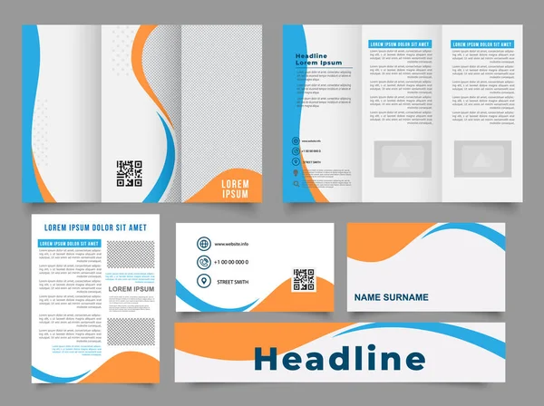Présentation Brochure Tri Fold Wave Flyer Bleu Orange Pour Design — Image vectorielle