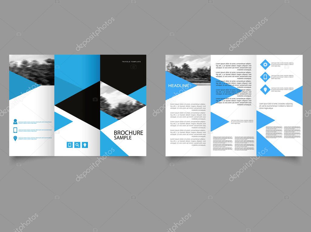 Tri fold brochure with triangles. Blue triangle business trifold Brochure leaflet flyer report template vector minimal flat design set, abstract tri fold layout templates a4 size