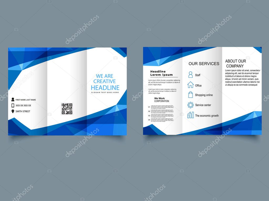 Business trifold brochure. Blue low poly background. Vector graphics for design.
