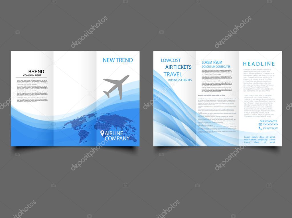 brochure design template tri-fold airplane flight takeoff blue white color travel transportation . Trifold airline brochure