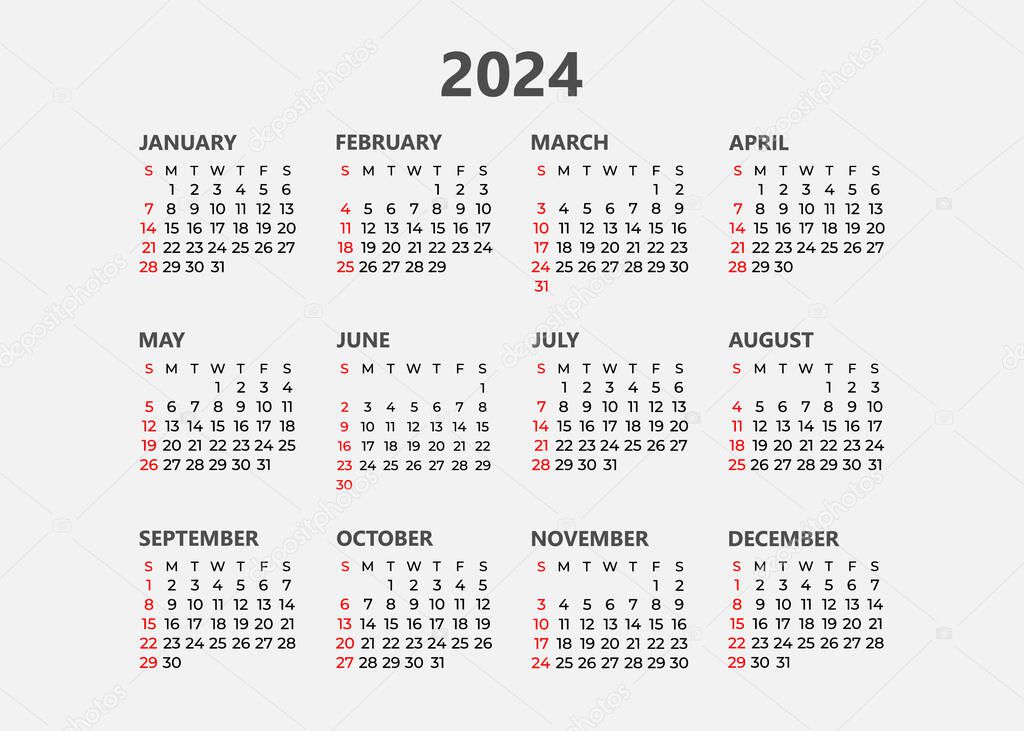 2024 Calendar. Calendar design in black and white colors, Sunday in red colors.