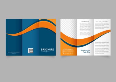 Brochure trifold design template wave curves.Orange blue colors. Vector graphics
