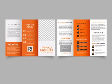 A simple orange trifold brochure with line icons in the design. Vector graphics.
