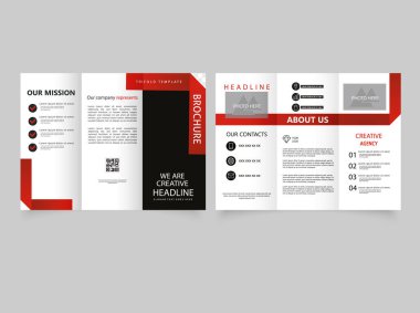 Yaratıcı siyah-kırmızı üç katlı broşür. Üç katlı tasarım, broşür ve katalog kavramını kabul et. Vektör Şablonu