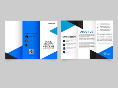 Mavi üçgenli üç katlı broşür. Katalog Vektör Şablonu.