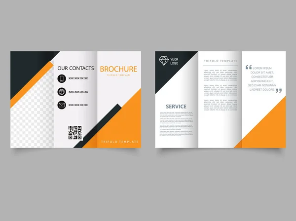 Drievoudige Brochure Met Oranje Driehoek Onderwerp Drievoudig Ontwerp Brochure Vectorafbeeldingen — Stockvector