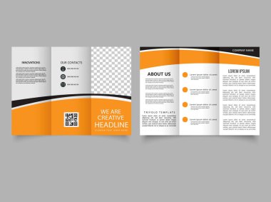 Kavisli çizgileri olan üç katlı turuncu broşür. Yazdırma broşürü.