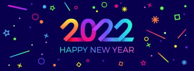 2022 mutlu yıllar. Tatil ilanları ve yeni yıl kartları için kağıt memphis geometrik tarzı.