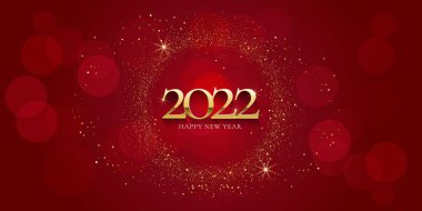 Happy New Year 2022 in gold. Greeting card with gold glittering round on red background. For holiday invitations, banner, poster. Vector illustration.