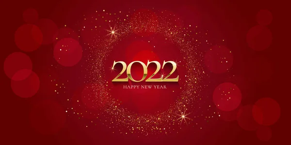 Happy New Year 2022 in gold. Greeting card with gold glittering round on red background. For holiday invitations, banner, poster. Vector illustration. — Vetor de Stock