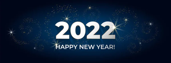 Mutlu yıllar 2022. Mavi arka planda altın parıltılı mermiler olan tebrik kartı. Sosyal medya, davetiyeler, afişler, posterler için. Vektör illüstrasyonu. Stok Illüstrasyon