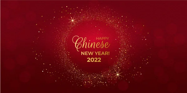 Mutlu Çin Yeni Yılı 2022. Kırmızı arka planda altın parıltılı tebrik kartı. Tatil davetiyeleri, afişler, posterler için. Vektör illüstrasyonu. Stok Vektör
