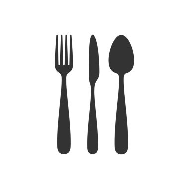 Siluet çatalı, kaşık ve bıçak ikonu beyaz arka planda. Web tasarımı, uygulamalar, çıkartma, afiş, poster, baskı kullanımı ve logo restoranının bir bölümü için simge.