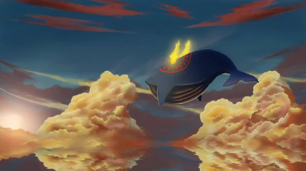 Paisagem Fantasia Baleia Gigante Voando Sobre Nuvens Com Asa Leve — Fotografia de Stock