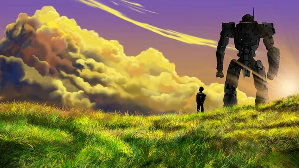 Koncepcja Podróży Człowiek Robotem Spojrzeć Niebo Cumulus Chmury Złotej Trawie — Zdjęcie stockowe