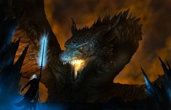 Knight Wizard Stand Confront Dragon Prepares Fight Dragon Tale Myth — Stock Photo, Image