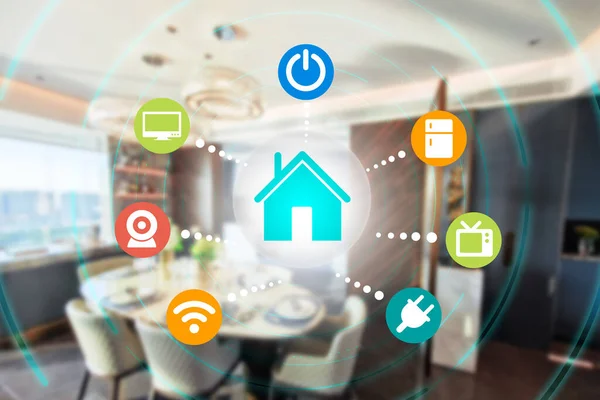 Businessman holds smart home automation program smart home concept