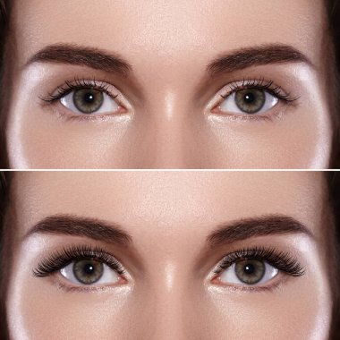 Kaşları ve son derece uzun kirpiklerini mükemmel şekli. Makro moda gözleri sima bir kadeh. Önce ve sonra
