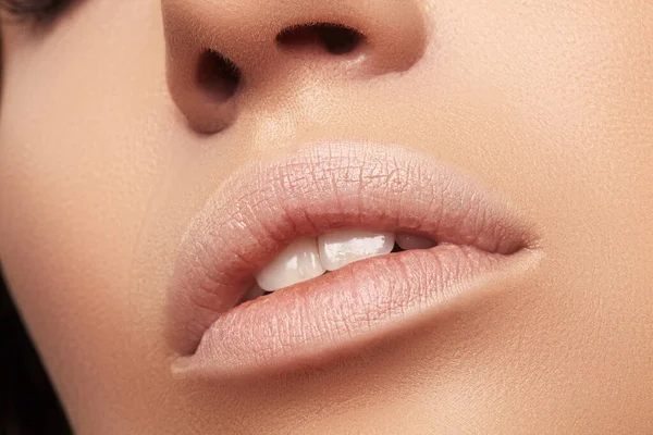 Maquillaje de labios natural perfecto. Close Up Macro Photo with Perfect Clean Skin, Light Fresh Lip Make-up. Hermosos labios de spa —  Fotos de Stock