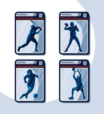 Set of four sport card. Baseball, Football, Soccer, and Basketball player silhouette in frame of playing cards. Perfect for Sticker.