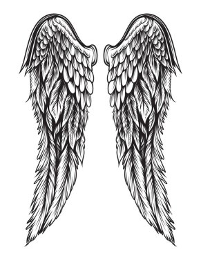 Wings Illustration in tattoo style isolated hand drawn. Design element for any purpose such as card, emblem, sign, badge, poster, flyer, t-shirt, and sticker. Vector illustration