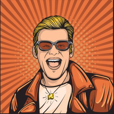 Man with smiling face and leather jacket. Cartoonized pop art comic style illustration