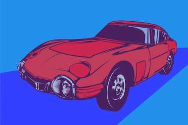 İzole edilmiş mavi arka planda kırmızı klasik Amerikan Kas Arabası. Retro Oldtimer Otomotiv Tutkusu. Ne amaçla olursa olsun hızlı ve parlak bir araba..