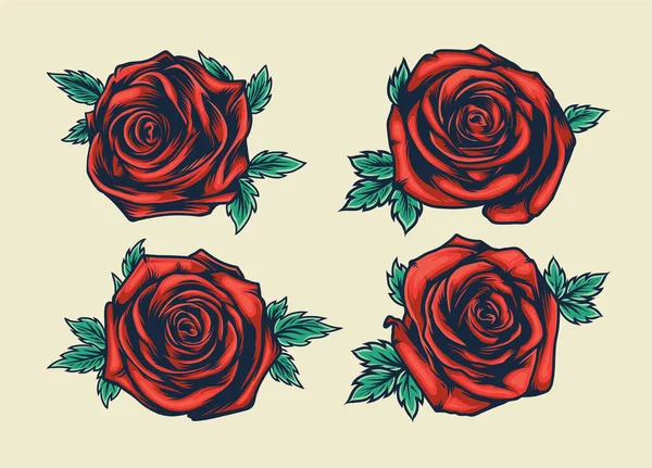 Set Red Roses Green Leaves Isolated Yellow Background Illustrated Vintage — Wektor stockowy