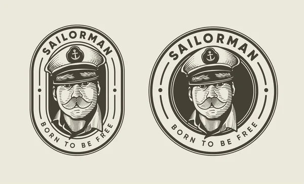Old Sailorman Mustache Hat Engraving Vintage Classic Retro Logo Badge — Image vectorielle