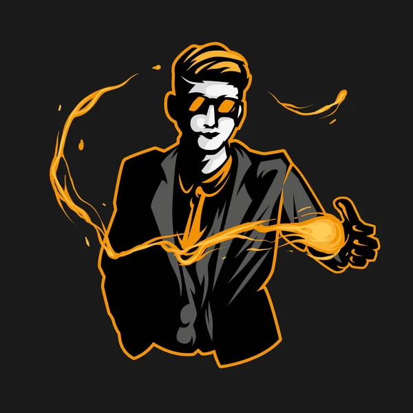Illustration Young Magician Wearing Suit Performing Lightning Trick His Hand — Vector de stock
