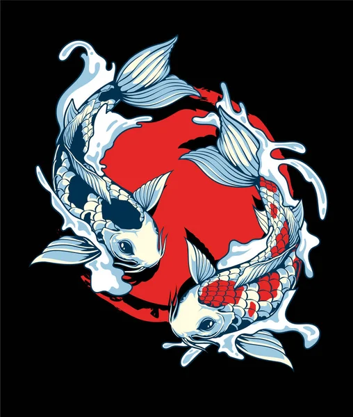 Kırmızı Çember Arkaplanlı Dalgalarda Yüzen Koi Balığının Detaylı Çizimi Vektör — Stok Vektör