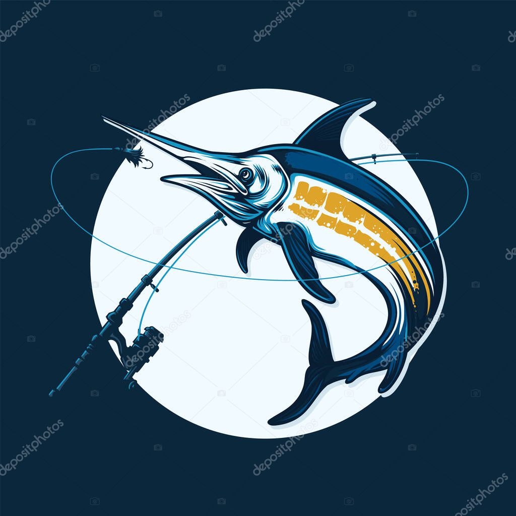 Blue Marlin Jumping on Water Catching Bait. Illustration of Fishing Activities Using a Hook with Cartoon Style. Perfect for logos, stickers, t-shirts and other purposes.