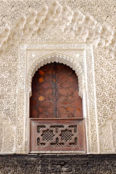 Wooden Carved Window Shutters Carved Arch Marrakech Morocco Africa High — ストック写真