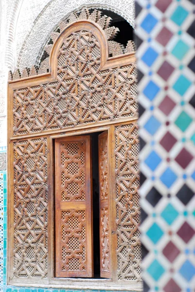 Wooden Carved Window Shutters Colorful Tile Foreground Marrakech Morocco High — стокове фото