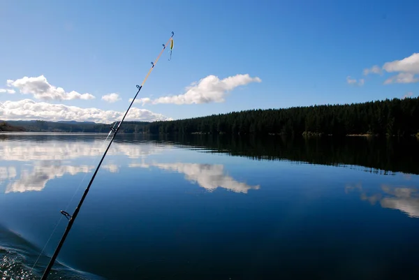 Reflections Lone Fishing Rod Lake Maraetai Mangakino Taupo New Zealand — Stock Photo, Image