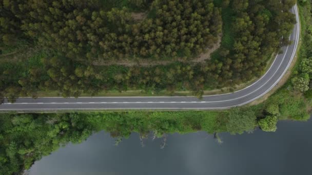 Vista Aerial Con Dron Carretera Montaña Con Lago Bosque Alrededor — Vídeos de Stock