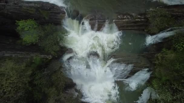 Mountain Green Forest Waterfall Strong Water Drone Aerial View — Stock Video