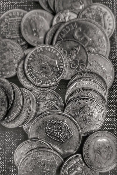 Various Antique Black White Coins Black Background — Stock fotografie