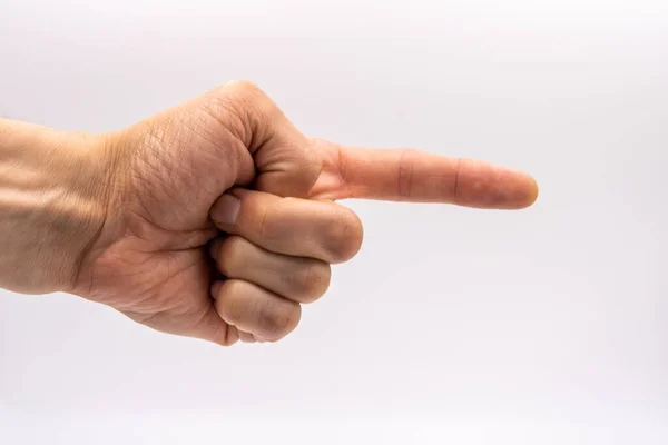 hand pointing with a man\'s finger on a white background in a light box