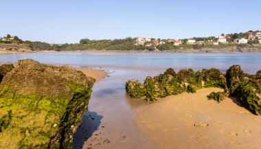Doğanın ortasındaki Cantabrian sahili kıyıya vuran deniz ve ön plandaki aşınmış kayalar.