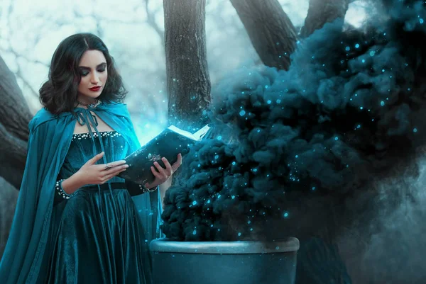 Halloween kobieta czarownica przywołuje, trzyma książkę w rękach czyta zaklęcie czarny magiczny dym wzrasta z wrzącej kadzi. Gotycka seksowna czarodziejka czarodziejka. Niebieska średniowieczna peleryna. Las drzewa ciemna jesień natura — Zdjęcie stockowe