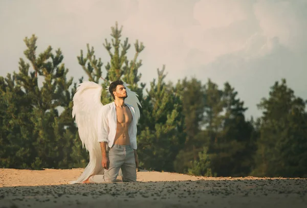 Giovane bell'uomo sexy vestito da angelo, si inginocchia pregando, gli occhi chiusi, la testa sollevata al cielo. Grandi ali artificiali di uccello, camicia bianca sbottonata, busto muscoloso esposto. Sfondo sabbia deserto nube — Foto Stock