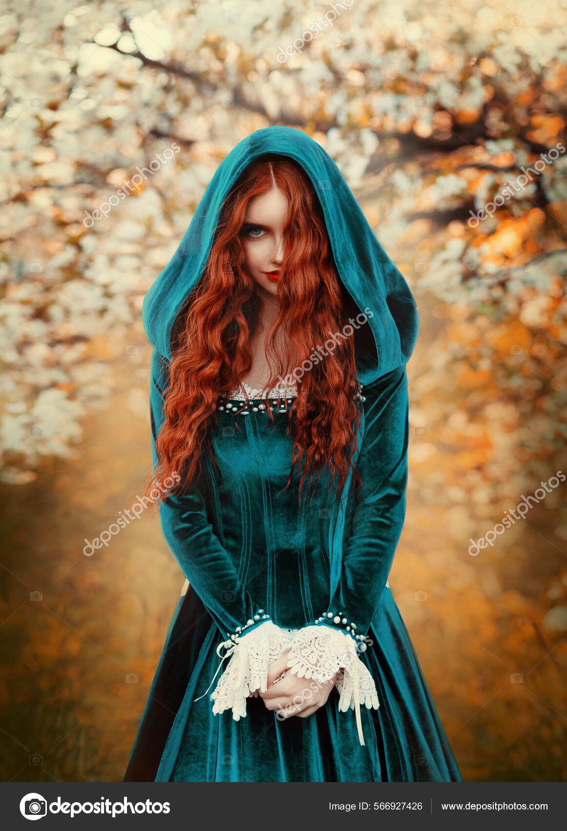 Portrait Mystical Fantasy Red-Haired Woman Witch Looking At Camera.