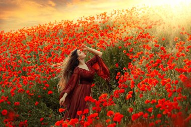 Mutlu kadın tanrıça haşhaş tarlasında yürüyor rüzgarda uçuşan uzun saçlar. Kız prenses yaz doğasını sever, kırmızı gelincikler çiçekleri yeşil çimenler, güneş ışığı, dramatik gökyüzü, gün batımı. Klasik ipek elbise.