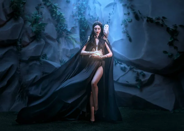 Fairy Woman Elf Queen Black Fantasy Sexy Long Dress Fly — Stock Photo, Image