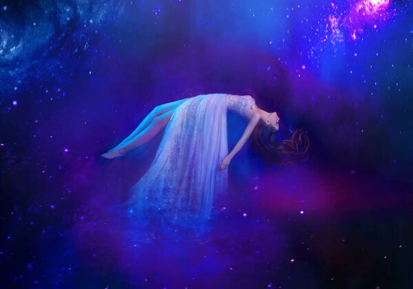 Portrait fantasy woman sleeping beauty soars floats in dream, night starry dark sky. Girl flies in space art photo levitation white dress flutters. Galaxies astrology numerology zodiac sign concept.