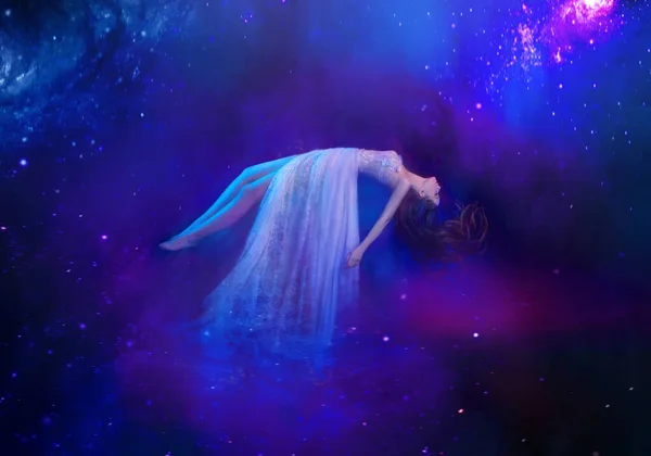 Portrait Fantasy Woman Sleeping Beauty Soars Floats Dream Night Starry — 图库照片#