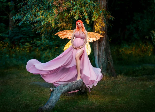 Fantasy Art Portrait Red Haired Woman Fairy Sits Log Creative — Zdjęcie stockowe